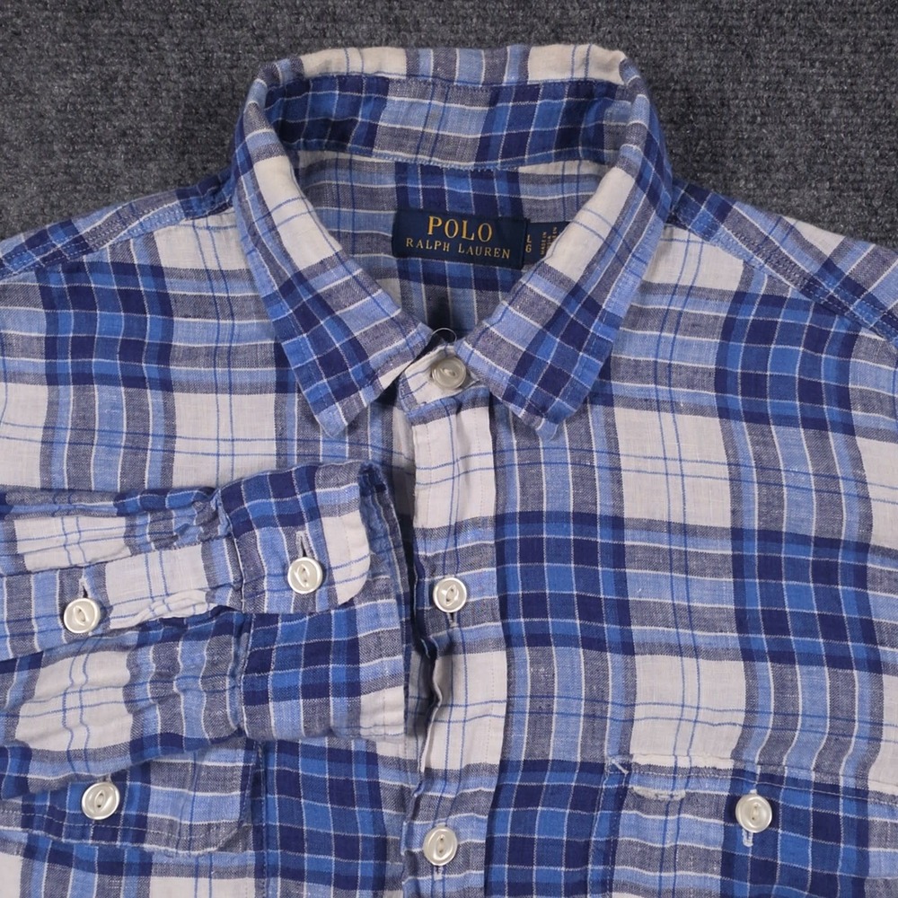 Polo Ralph Lauren Linen Shirt Mens L Blue Plaid Long Sleeve Button Up Pockets